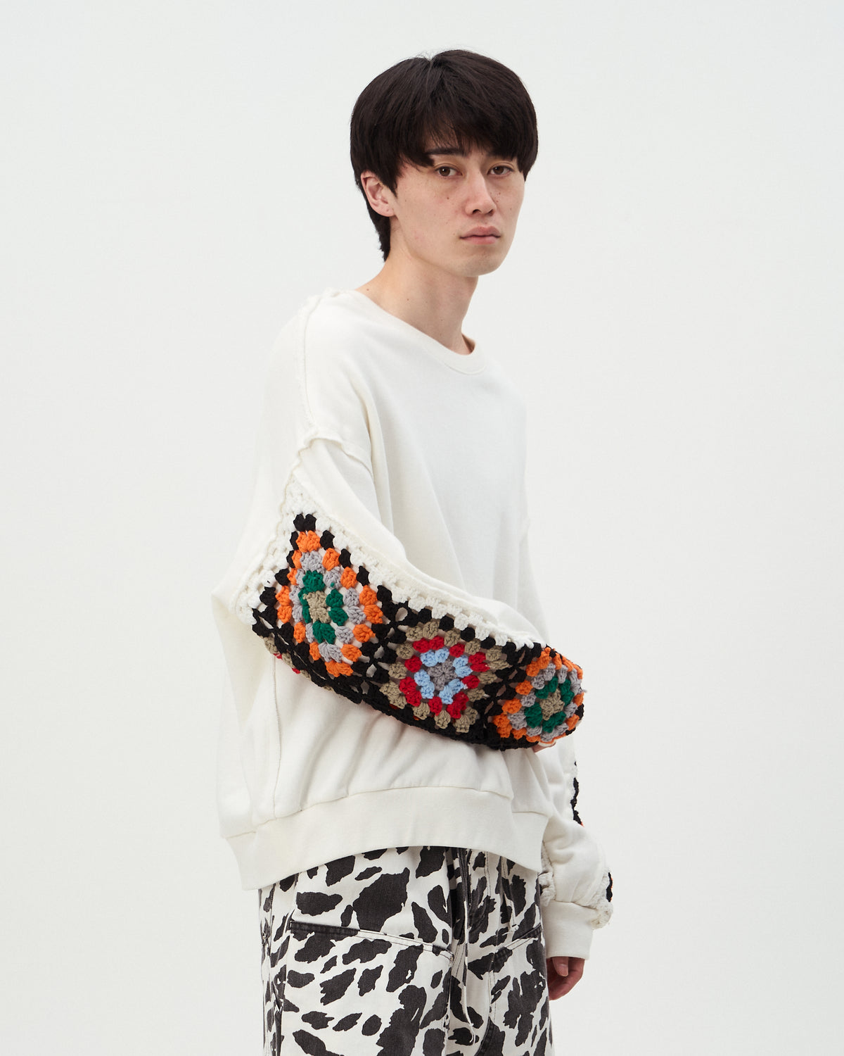 CROCHET SLEEVE SWEAT|WHITE