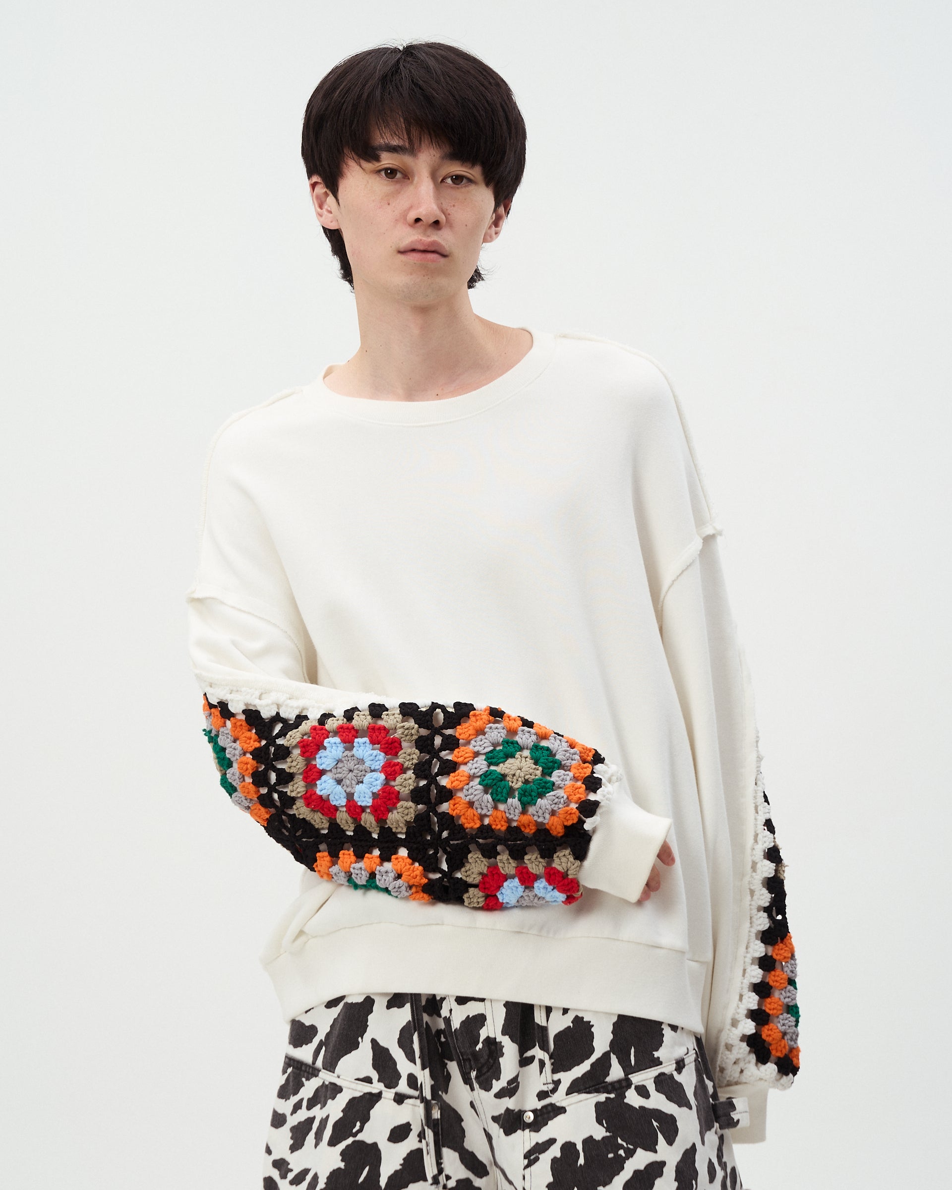 CROCHET SLEEVE SWEAT｜WHITE